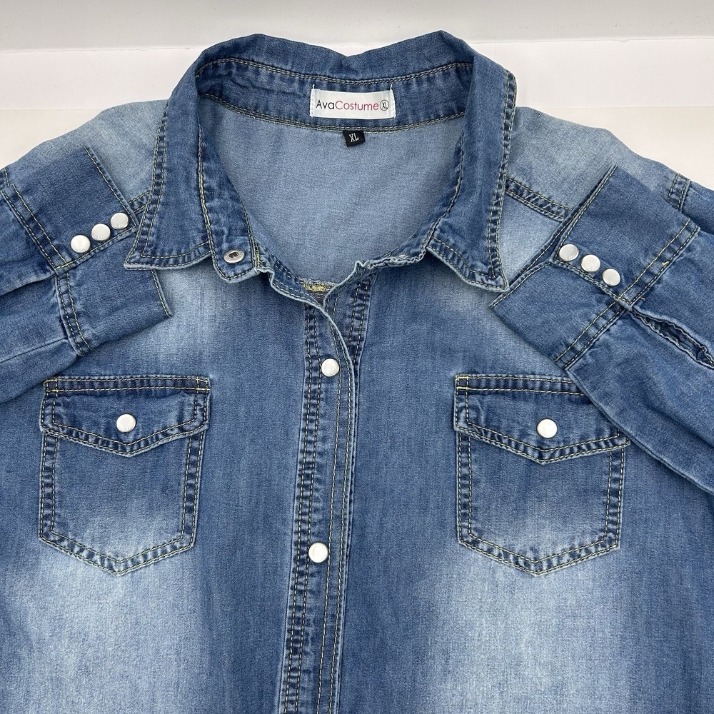 AVA COSTUME Women's X-Large Dark Blue Denim Long Sleeve Double Pockets Shirt - Picture 11 of 11
